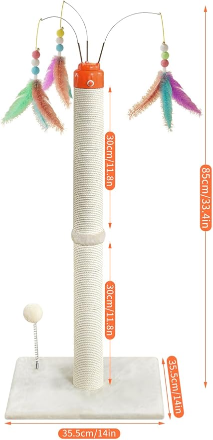 Cat Scratching Post ,33.4" Tall Automatic Teaser Wand Scratching Post with Sisal Rope,Interactive Automatic Rotating Hanging Balls Cat Toys for Indoor Cats