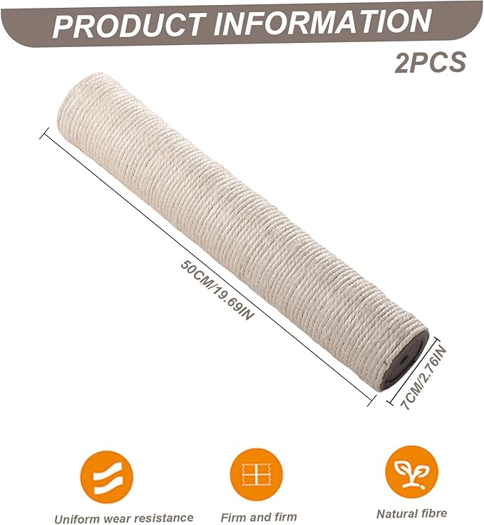 2PCS Cat Scratching Post Replacement, 20Inch Sisal Pole Cat Tree Replacement Post with Screws, DIY Scratcher Scratching, Pad, Crafts Gardening Hammock Home Decorating