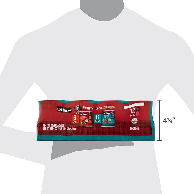 Ol's Roys Wet Dog Food Variety Pack, Bacon Cheeseburger Flavor & Country Stew Cuts in Gravy, 13.2 oz Cans, 12 Cans, Savory Beef, Chicken, Real Meat, Rich Gravy, Complete Nutrition