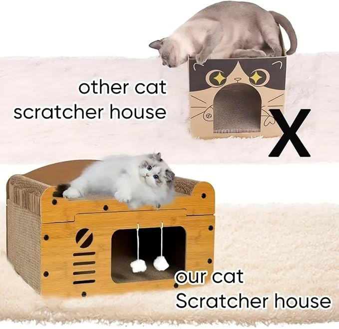 Cat Scratcher House for Indoor Cats, Sturdy MDF Frame 2-in-1 Cat Furniture Lounge Bed & Scratching Post, Large Cardboard Cat Hideaway with Teaser Toy (22.05inch Length Double Doors)