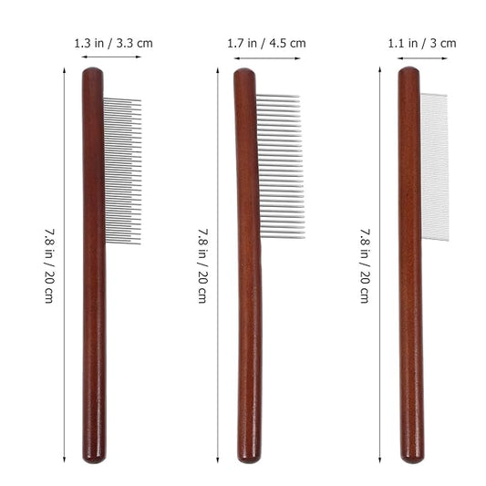 BESPORTBLE 3pcs Wood Handle Pet Grooming Comb Set with Stainless Steel Teeth, Dematting Dog Hair Detangler and Compact Cat Comb for Indoor Cats and Small Dogs