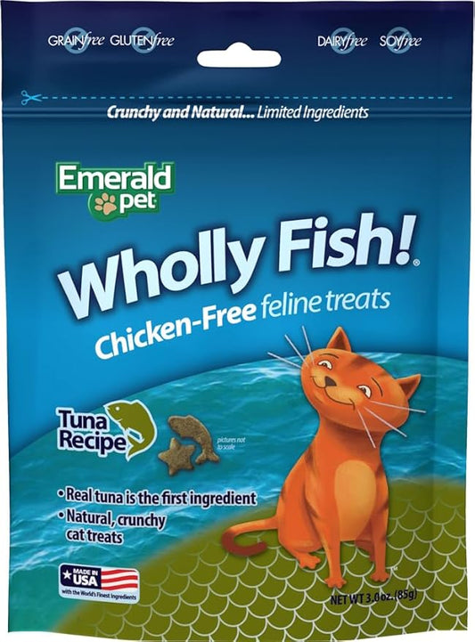 EMERALD PET Wholly Fish! Chicken-Free Feline Treats, Tuna Recipe β Tasty and Crunchy Tuna Cat Treats with Real Tuna β Chicken Free, Grain Free, Natural Cat Treats β Made in USA, 3 oz