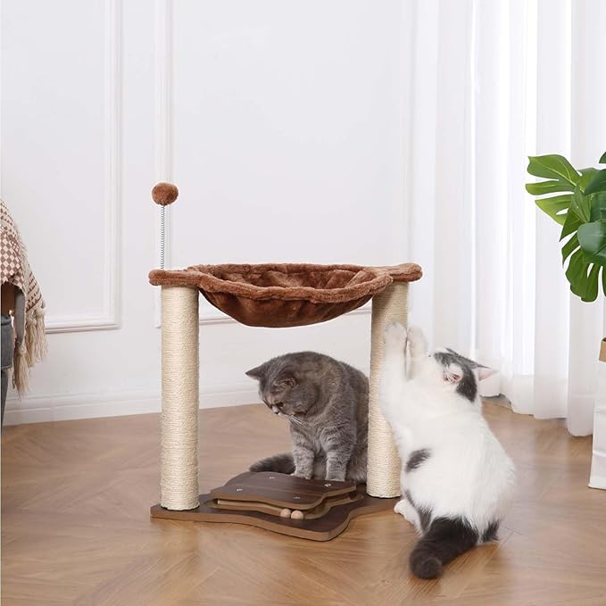 FluffyDream Cat Scratching Post for Indoor Cats, Small Cat Tree Tower with Hammock,Wooden Interactive Ball Track for Kitten and Adult Cats,18inches (Brown)