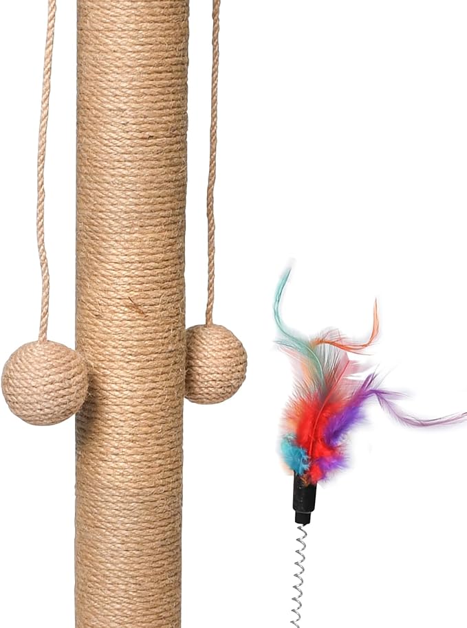 Cat Scratching Post, 50cm Cat Scratcher Toy, Natural Woven Sisal and Wood Interactive Cat Toys with Lanyard Ball, Ball, Feather (Feather Color is Random)