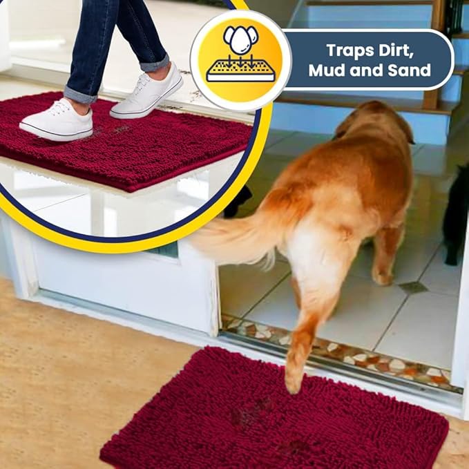 Muddy Mat® | Super Absorbent Door Mat Indoor, Microfiber Quick Dry Chenille Entryway Rug, Non-Slip Front Door Mat, Indoor Mats for Entryway, Machine Washable Pet Rug, Maroon 24" x 72"