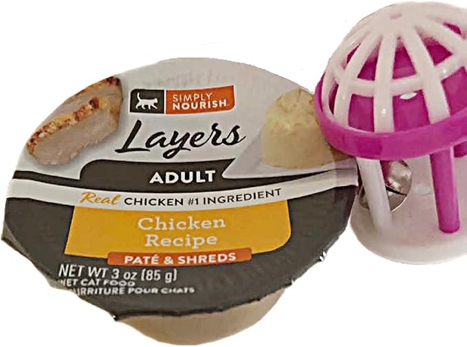 SIMPLY NOURISH Adult Cat Layers Pate & Shreds 6-3 Ounce Cups. Plus Cat Toy Will Vary in Color and Design. (Chicken Recipe)