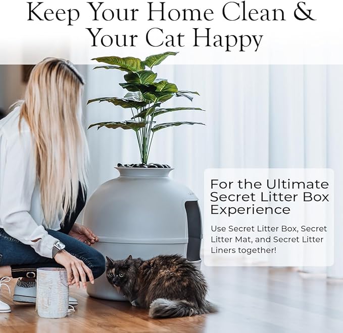Secret Litter Box by Bundle & Bliss - Hidden Litter Box Enclosure, Patented Design with Odor Control, Includes Faux Plant, Carbon Filter and Real Stones