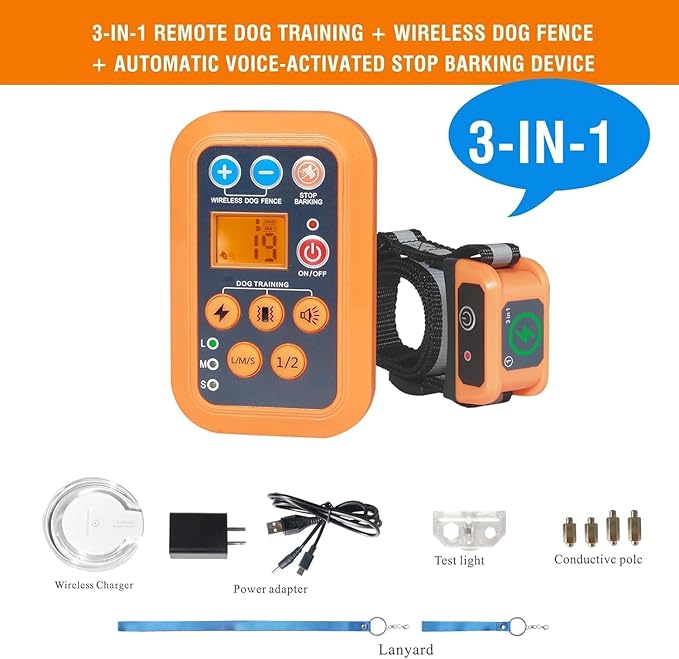 DOTSTAR Dog Wireless Fence Training Barking Collar 3-in-1 Pet System, Remote Automatic Voice-Activated No Barking Device, Electric Training Fence Dog Container, Wireless Charging Waterproof Collar