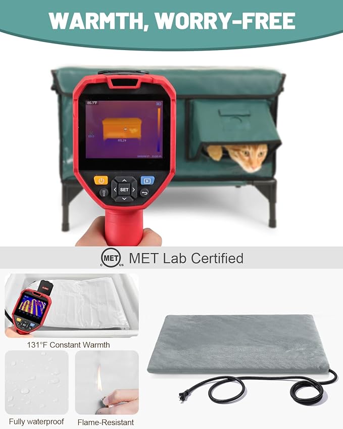 Heated Cat House for Outdoor Cats, Waterproof Insulated Outdoor Cat House with Heating Pad, Weatherproof Elevated Heated Cats House for Outside Feral Cats(Deep Green, 25.5" L x 16" W x 18" H)