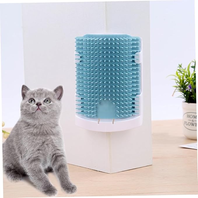 Yardwe Cat Self Grooming Massage Brush Rubber Bristles Safe for Cats Easy Wall Installation Collects Loose Hair Light Blue for Relaxation and Self-Care