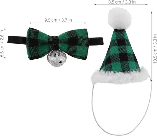 PRETYZOOM Pet Christmas Hat and Bow Tie Set Plaid Adjustable Holiday Party Accessories for Dogs and Cats Festive Costume Supplies