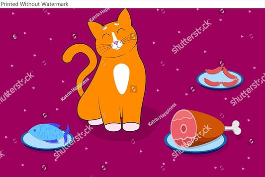 Wall Art Poster Print of Food for Cats, Pets. a Cute Red Cartoon Cat, Kitty with a Funny Muzzle, Face is Sitting Straight with Its Eyes Closed, Next to Different Foods. Dishes with Ham, Sausages and