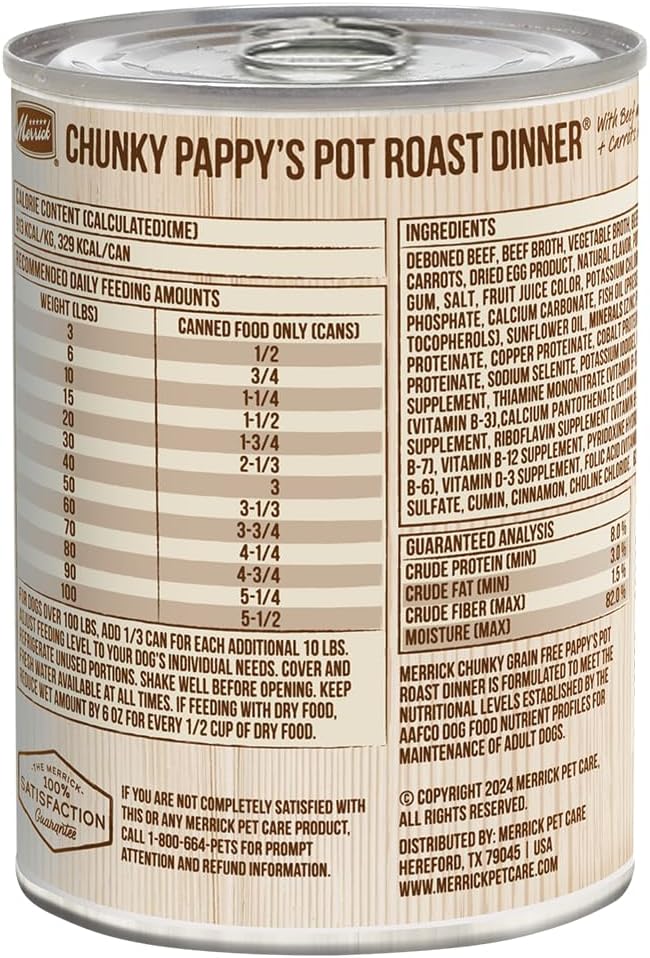 Merrick Chunky Grain Free Pappy's Pot Roast Dinner Canned Dog Food,12 Count, 12.7-oz Can