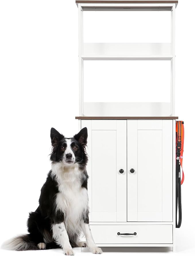 Pet Feeding Station with Bowls, Adjustable Panel, Dog Feeding Station with Storage, Pet Feeder Station for Dogs Cats for Feeding & Watering Supplies,Dog feeding station with 2-level shelving White