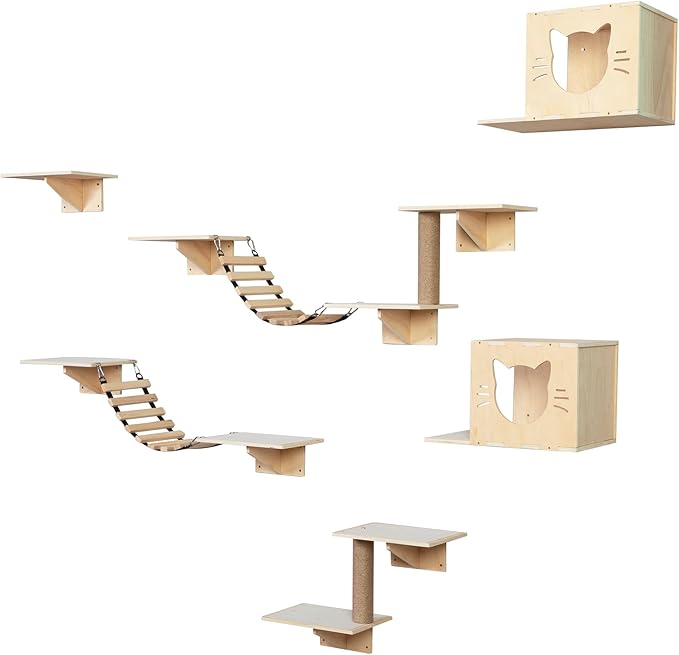 8 in 1 Cat Wall Shelves Cat Climber Set, Wall Mounted Cat Furniture with Scratching Post, Cat Bridge, Cat Condos and Cat Perches