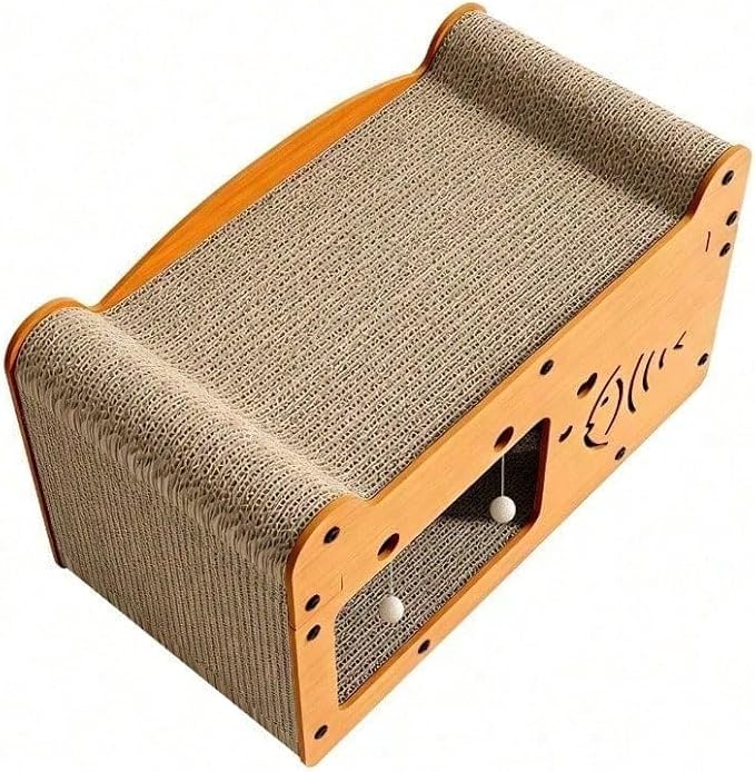 Multi-Function Cat Scratcher House Box,3-in-1 Scratch Pad and Soft Bed & Play Cave with Toys, Durable Build & Ideal for Cats/Kitty (Yellow,FX-SFPPY)