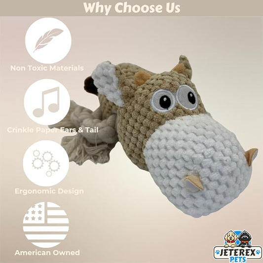 Large Dog Toy - Tan Cow Squeaky Dog Toys for Large Dogs, Medium and Small Dogs. Durable with Pineapple Plush Fabric, Rope Legs, Hidden Seams, Reinforced Stress Points, Embroidered Eyes
