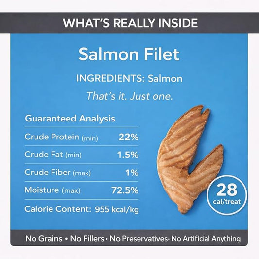 Cat Filet Treats Salmon 3 Pack - Wild Caught Fish High Protein Single Ingredient Soft Cat Treats - Grain Free Omega 3 Healthy Cat Snacks Food Topper for Picky Eaters - 3oz (3x1oz)