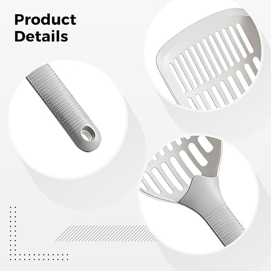 Large Cat Litter Scooper with Long Handle, 4.6 in Scoop, Sifting Design, Solid One-Piece, Grey Scooper with Hook