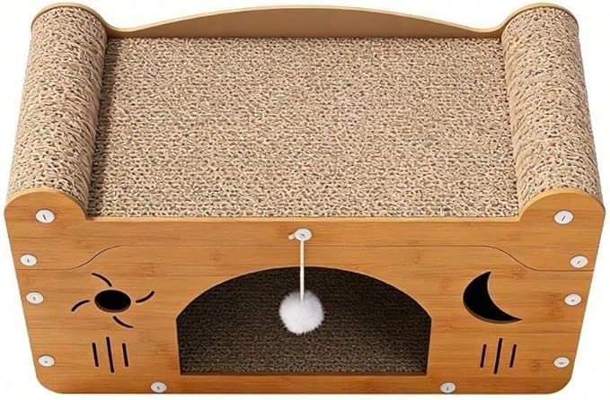 Multi-Function Cat Scratcher House Box,3-in-1 Scratch Pad and Soft Bed & Play Cave with Toys, Durable Build & Ideal for Cats/Kitty (Yellow,FX-SFXY)