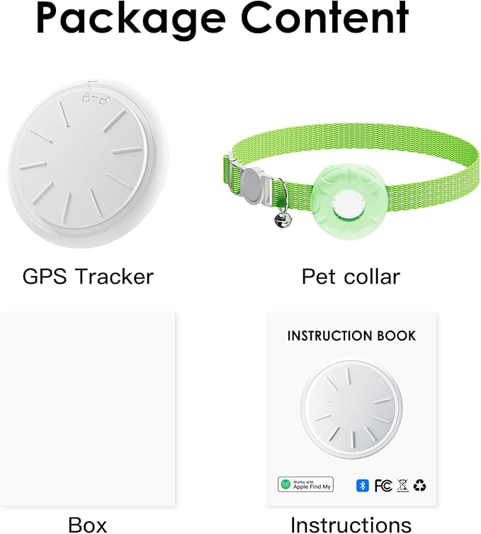 Smart Cat GPS Tracker, Cat Tracker Collar with Safety Elastic Buckle, Compatible with Apple Find My App (Only iOS), No Monthly Fee, Waterproof (White Tracker, Green Cat Collar)