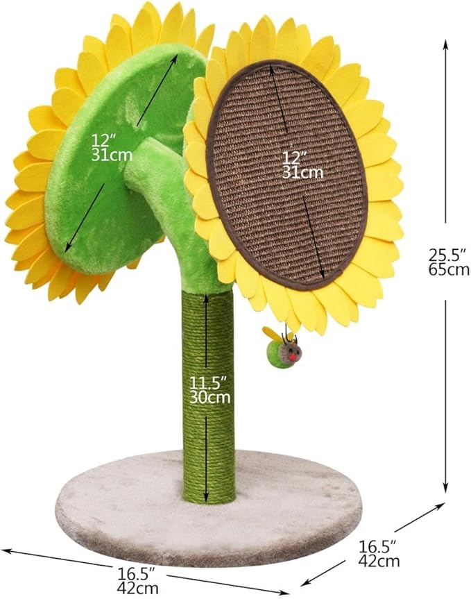 PetPals Sunflower Cat Scratcher with Angled Double Jute Scratching Pads and Replaceable Sisal Post, Cat Claw Scratcher Pole for Kitten with Interactive Toy Bee, for Multi-cat Home