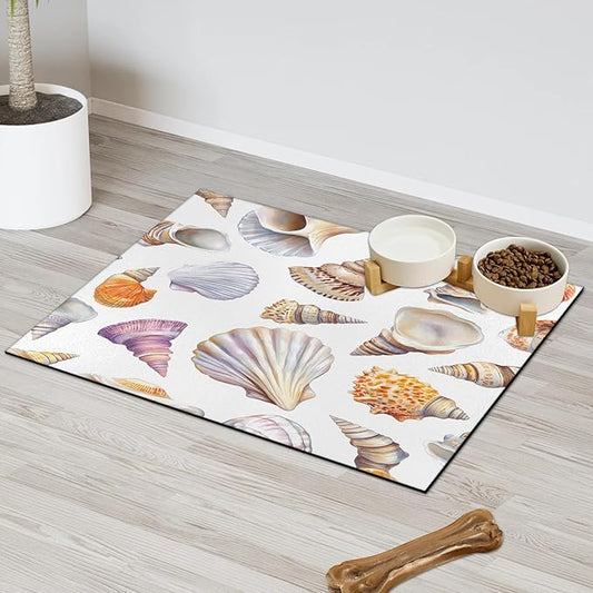 Seashell Dog Food Mat for Floors Absorbent Dog Bowl Mat for Food and Water Dispenser Quick Dry Cat Food Placemat Pet Supplies 12" x 20", Coastal Beach