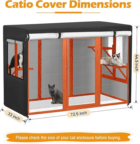 Catio Cover,72.5" L x 33" W x 44.5" H Cover for Catio Outdoor Cat Enclosure Waterproof, 420D Cat Cage Covers for Nyeekoy Cats Catios, Outdoor Cats Enclosure Covers(Black)(Catios Not Included)