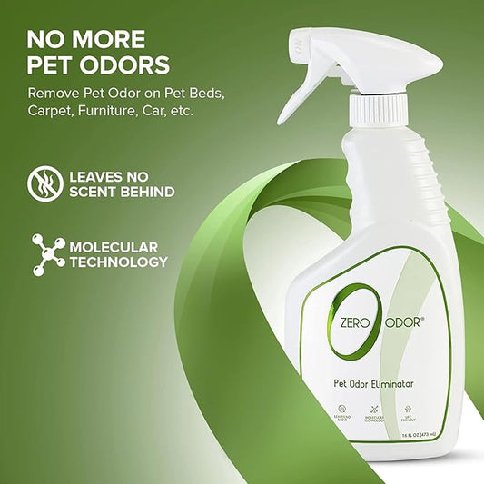 Zero Odor - Pet Odor Eliminator for Strong Odor, Eliminate Air & Surface Odors β Patented Molecular Technology Best For Carpet, Furniture, Beds Smell Great Again (Over 400 Sprays Per Bottle)