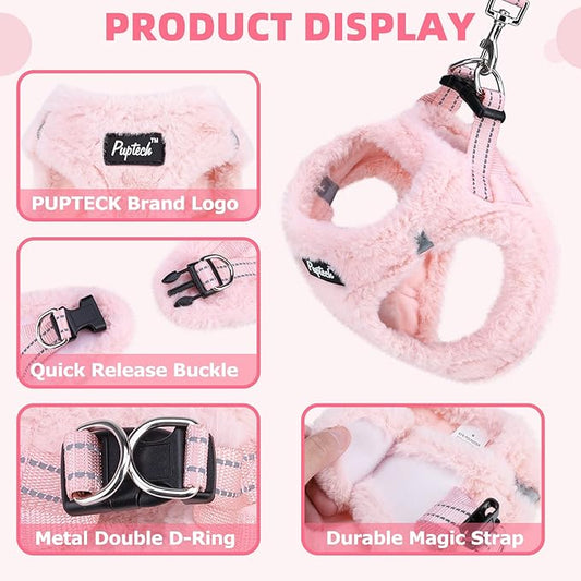 PUPTECK Adjustable Dog Harness Collar and Leash Set Step in No Pull Pet Harness for Small Medium Dogs Puppy and Cats Outdoor Walking Running, Soft Mesh Padded Reflective Vest Harnesses, Plush Pink M