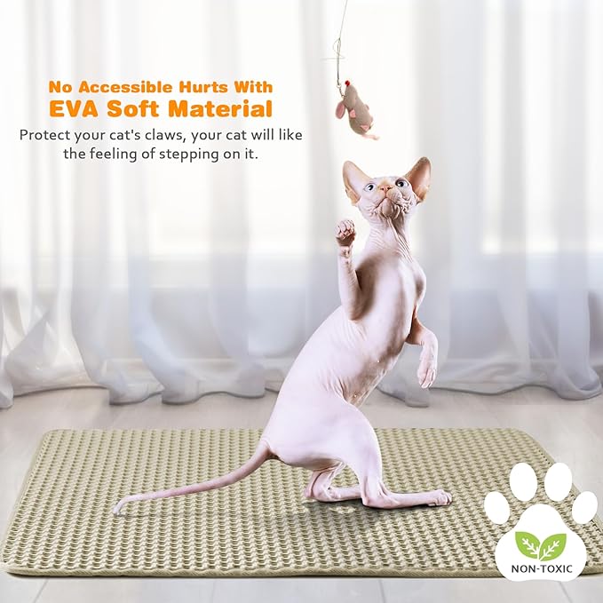 Waterproof Cat Litter Mat, Double Layer EVA, Odor-Free Large Grid, Urine Proof, Easy Cleanup (Khaki, 12 x 18)