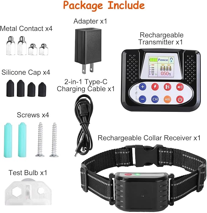 Wireless Dog Fence, 2024 Pet Boundary Containment System, Electric Dog Fence & Remote Training Collar 2in1, Adjustable Vibration & Shock, IP65 Waterproof Collar for Large and Medium Dogs ,for2dogs