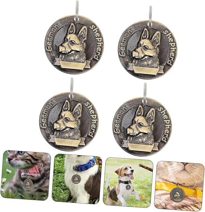GANAZONO 4pcs Retro Bronze Dog Tags Pet Identity Charms Metal Pet Collar Pendants for German Shepherd Dogs Anti-Lost Hanging Labels for Supplies