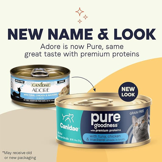 Canidae Pure Adore Premium Wet Cat Food, Tuna, Chicken & Mackerel in Broth, 2.46 oz. (Case of 24), Grain Free