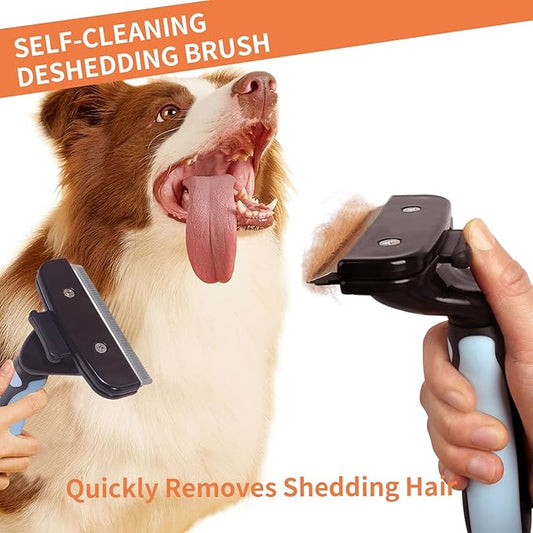 Pet Deshedding Tool, Self Cleaning Pet Grooming Rake, Deshedding Hair Brush with Stainless Steel Teeth and Rubber Handle, for Dog Cat Short Medium and Long Pet Hair (Large)