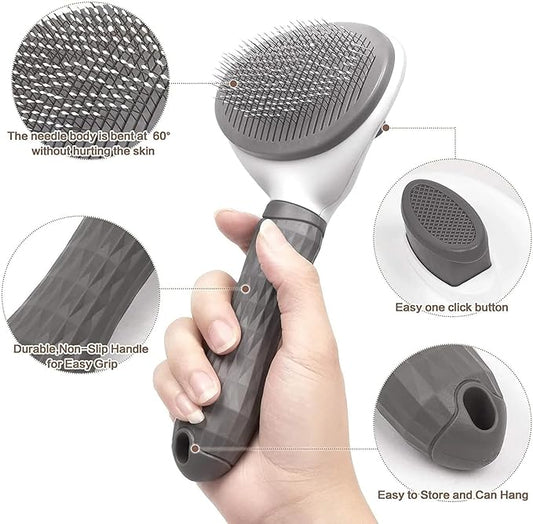 Cat Grooming, Self Cleaning Slicker Brushes for Dogs Cats Pet Grooming Brush Tool Gently Removes Loose Undercoat, Mats Tangled Hair Slicker Brush for Pet Massage-Self Cleaning Upgraded (Grey)