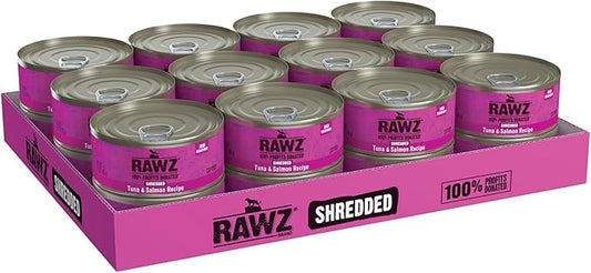 Rawz Natural Premium Shredded Canned Cat Wet Food - Made with Real Meat Ingredients No BPA or Gums - 5.5oz Cans 24 Count (Tuna & Salmon)