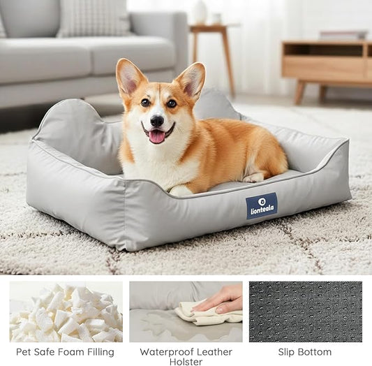 EarsUp Dog Bed 43Inch Leather Dog Sofa, Detachable Orthopedic Puppy Beds, Rectangle Pet with Non-Slip Bottom, Waterproof, Machine Washable (Gray)