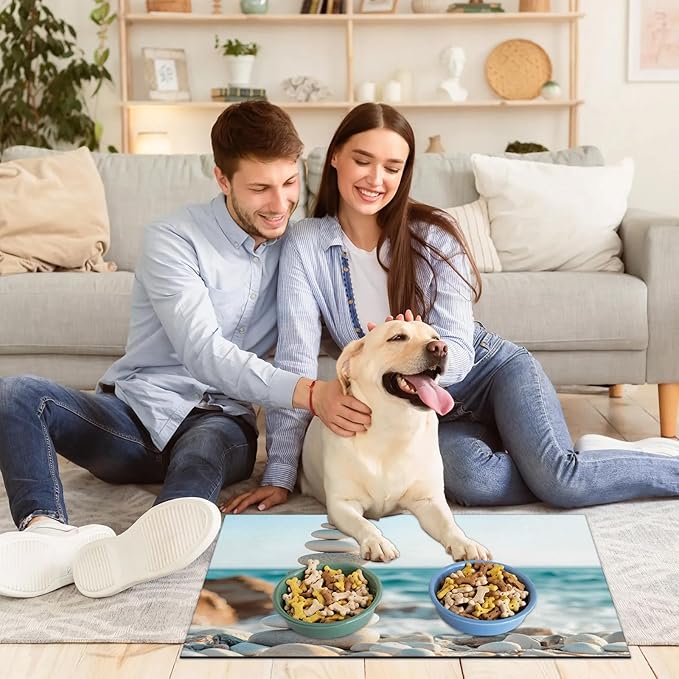 Stone Dog Food Mat for Floors Absorbent, Quick Dry Water Dispenser Mat for Food, Water, Pet Supplies 12" x 20", Beach Ocean