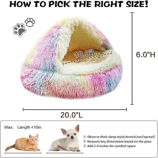 ShinHye Cat Bed Round Plush Fluffy Hooded Cat Bed Cave, Cozy for Indoor Cats or Small Dog beds, Soothing Pet Beds Doughnut Calm Anti-nxiety Dog Bed - Waterproof Bottom Washable (20×20inch, Multicolor)
