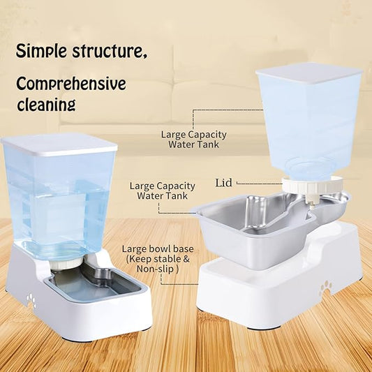 Meikuler Automatic Dog Cat Water Dispenser Large Capacity 5Lfor Cats and Medium and Large-Sized Dogs with Stainless Steel Bowl (White, 5L)