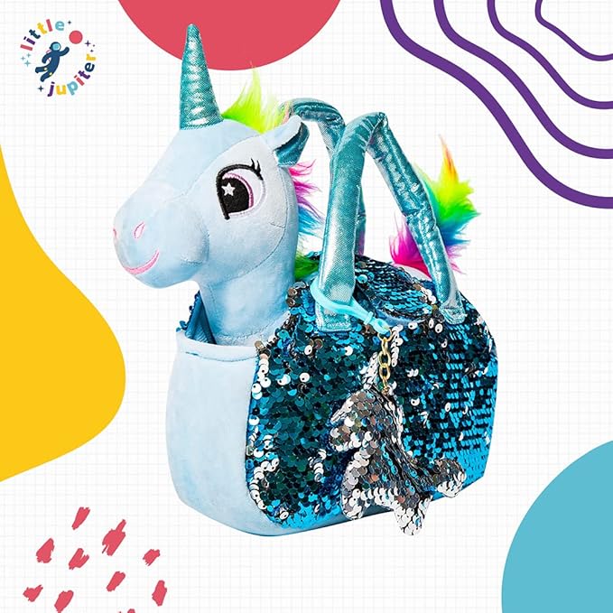 Little Jupiter Plush Pet Set w/Purse - Unicorn Stuffed Animals - Stuffed Animals for Girls - Plush Toy - S Unicorn Gift for Age 4-5 - 6-7 yrs (Light Blue)