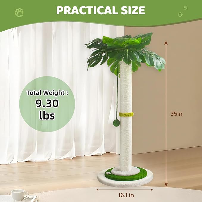 Meowoou Cat Scratching Post for Space-Saving,35β Tall Modern Monstera 3 Layer Cat Tree Tower with Sisal Rope Hanging Interactive Ball for Indoor Cats and Kitten Climbing,Play & Rest
