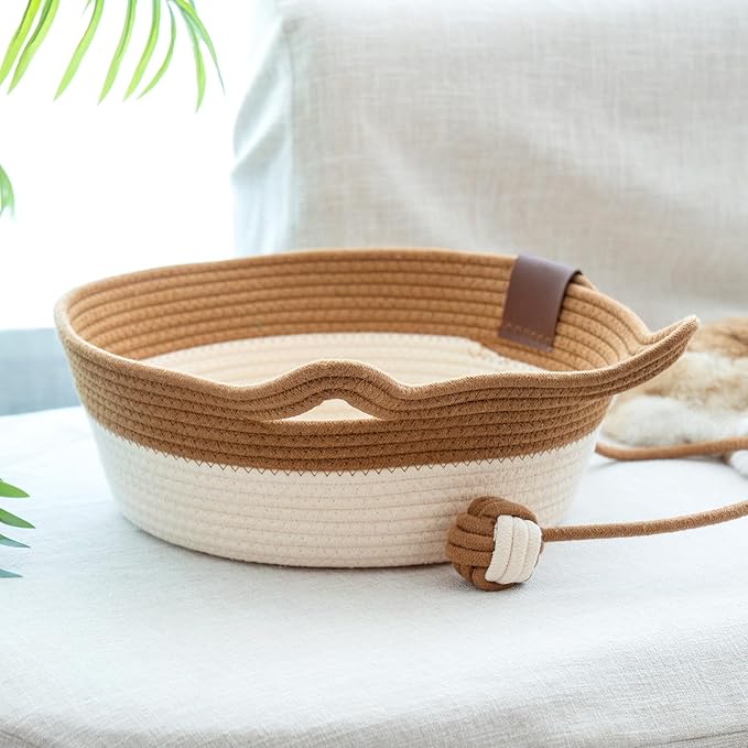 Cotton Rope Handwoven Pet Bed, Round Cat Nest,Pet Sleeping Bed with a Playing Rope Ball, Multifunctional Durable Pet Bed for All Seasons Home Indoor Cats Small Dogs Supplies(Brown & Light Pink ,S)