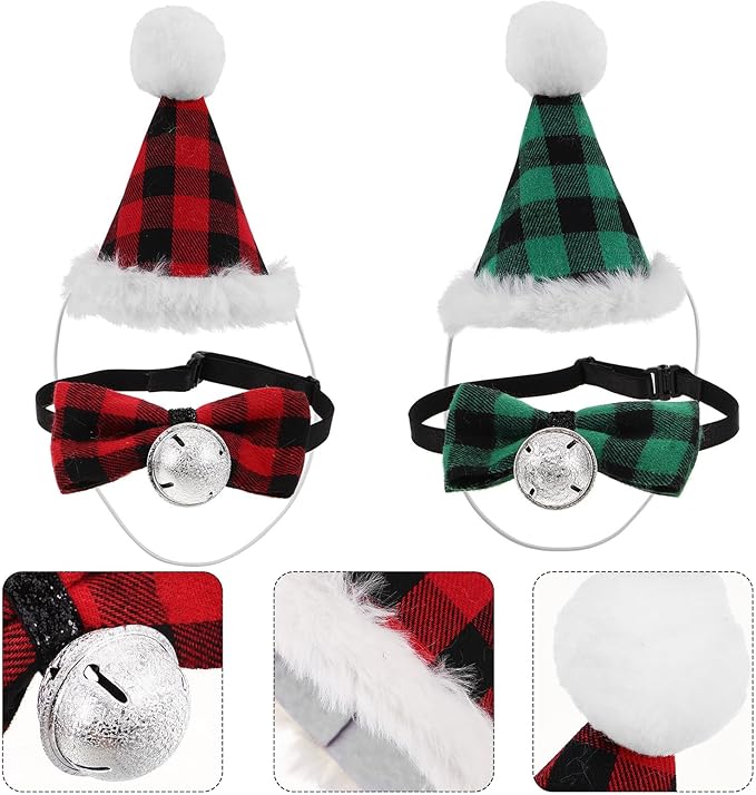Outanaya Dog and Cat Christmas Hat and Bow Tie Set, Green Checkered and Red Geometric Pattern, Festive Pet Accessories for Small Dogs and Cats, Holiday Party Supplies