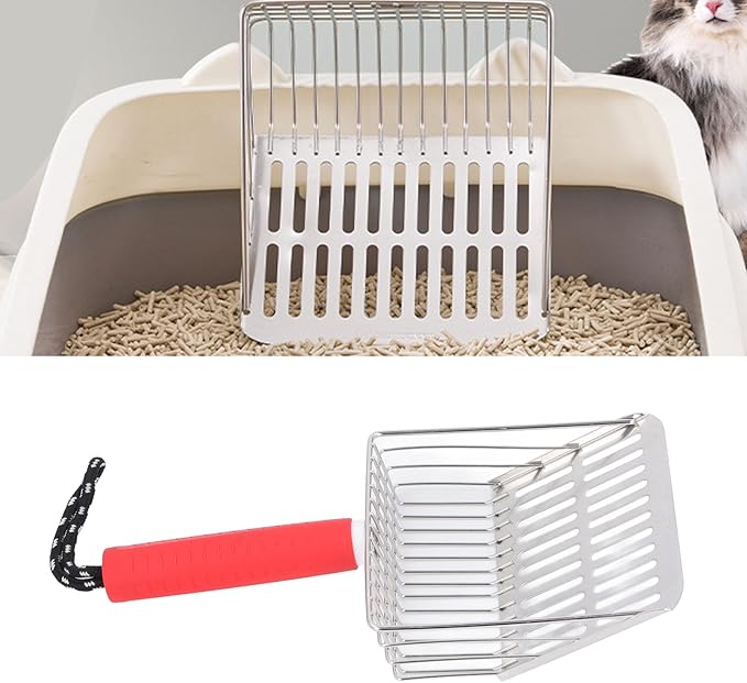 Cat Litter Scoop, Removable Handle Cat Litter Sifter, Stainless Steel Fast Filtration Cat Litter Shovel for Kitten Cat Dog Poop (Red)