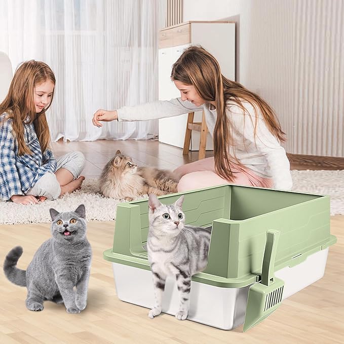 Extra Large Stainless Steel Litter Box, XXXL 27.6" H x 19.7" W x 11.8" H Metal High Sided Cat Litter Box with Scoop, Leak-Proof, Easy Clean for Big Cats/Multiple Cats (Green)