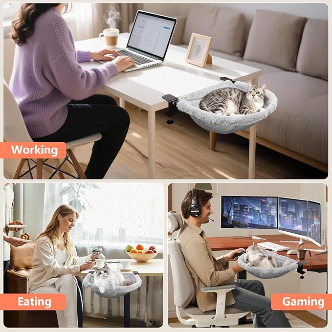 X-Large Cat Desk Bed | 19"x15" Spacious Retreat, Dual Clamps & Sunken Hammock Design, Comfy Cat Desk Hammock with Faux Rabbit Fur Cover, Removable & Washable, Holds Up to 40lbs