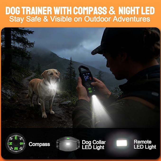 2-in-1 Dog Training Collar & Bark Collar, Safety Lock Remote, Adjustable Beep,Vibration & Shock,990ft Range, IPX7 Waterproof Dog Collar for 3 Dogs,Medium & Large,LED Light,Compass & Carabiner-1 Collar