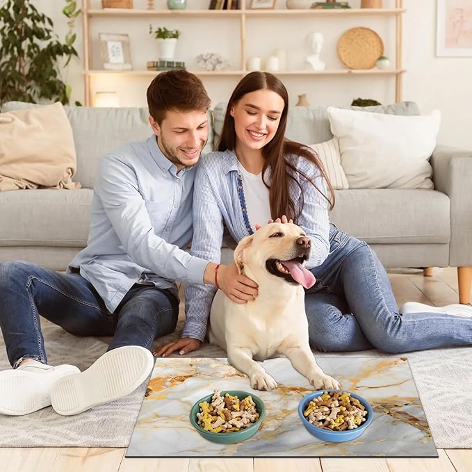 Marble Dog Food Mat for Floors Absorbent, Quick Dry Water Dispenser Mat for Food, Water, Pet Supplies 16" x 24", Golden White Abstract